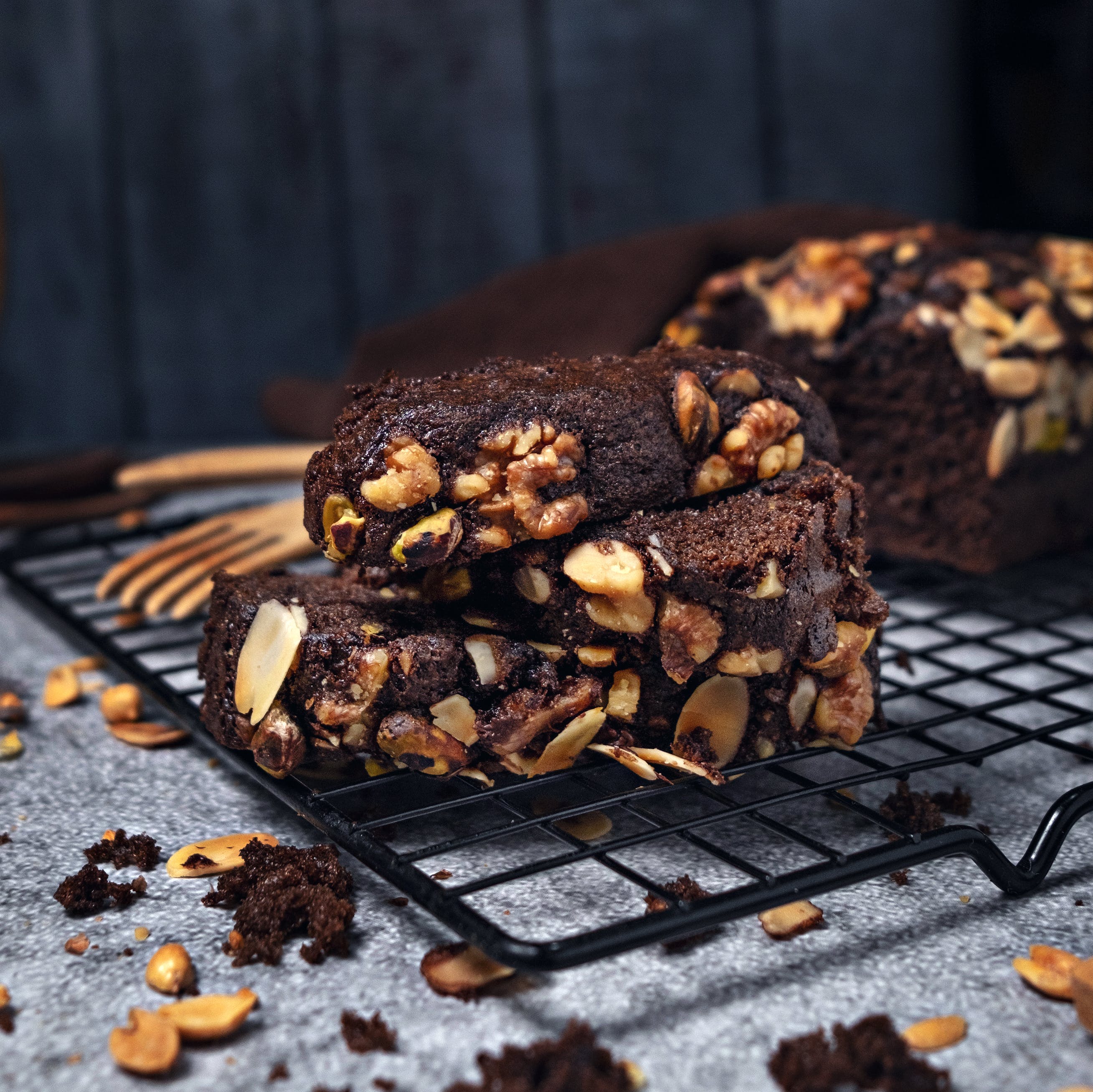 Chocolate Cake Banana Bread with Caramelised Almonds and Walnuts